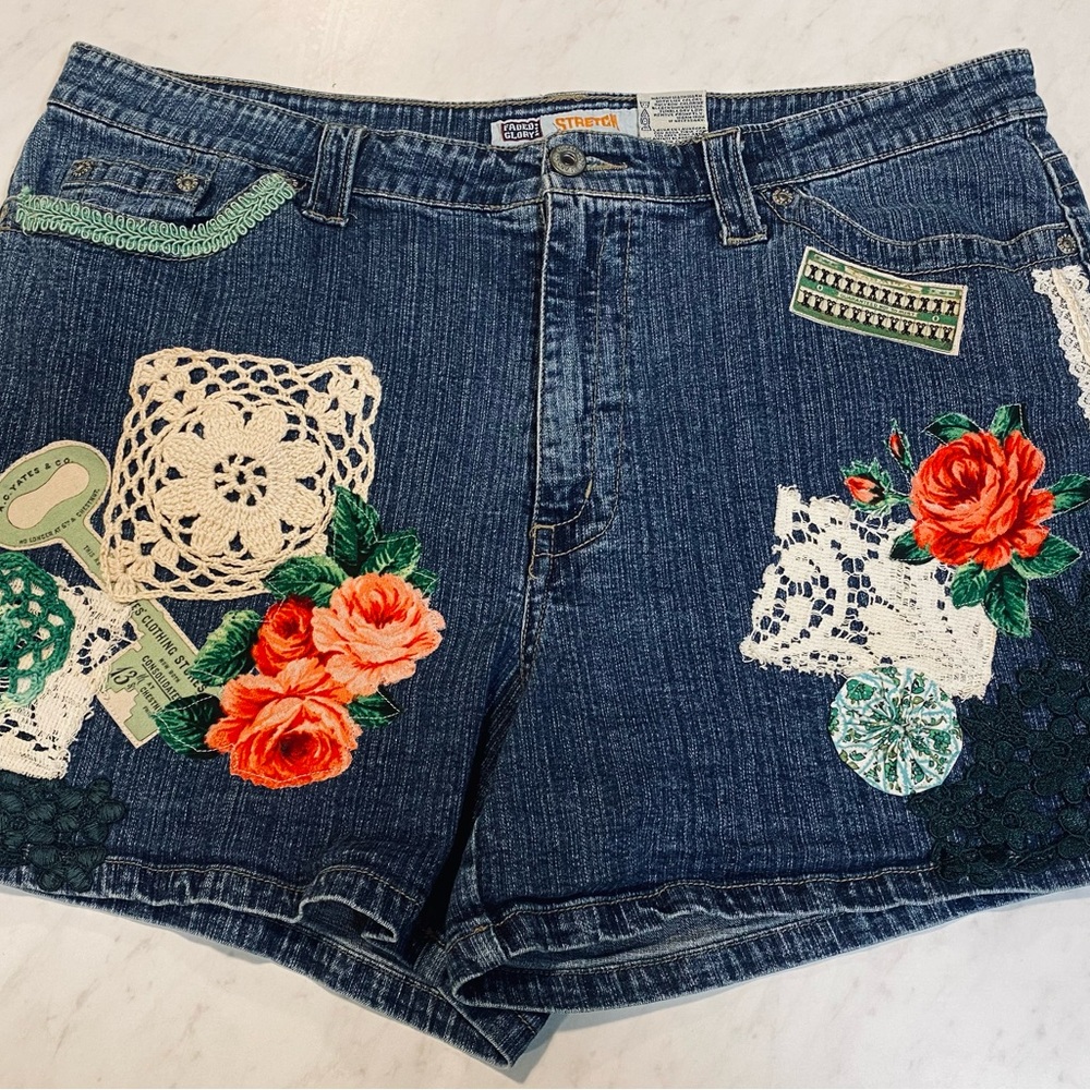 Boho Appliqué Denim Shorts | One-of-a-Kind Upcycled Vintage Style